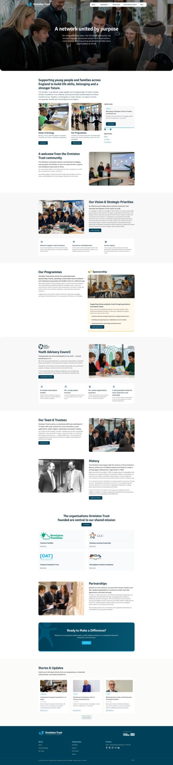 Screenshot of the Ormiston Trust website homepage, showcasing its navigation menu, mission statement 'Improving Life Chances', network overview, strategic priorities, and latest news.