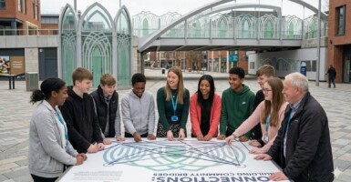 Group of students and Ormiston staff gathered around a Connections: Building Community Bridges installation in an urban public space