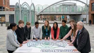 Group of students and Ormiston staff gathered around a Connections: Building Community Bridges installation in an urban public space